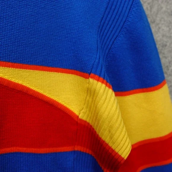 Vintage Ski Sweater Womens L Blue Yellow Red Colorblock Stripe 70s OSSI Slim Fit - Picture 8 of 12